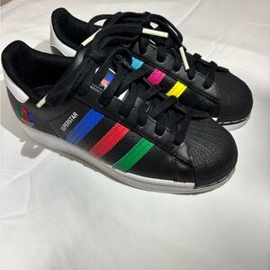 Kids Black Sneakers with Multicolor Stripes - Superstar Style